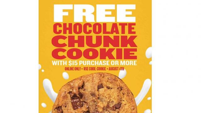 PDQ: Free chocolate chunk cookie with $15 min. purchase on August 4