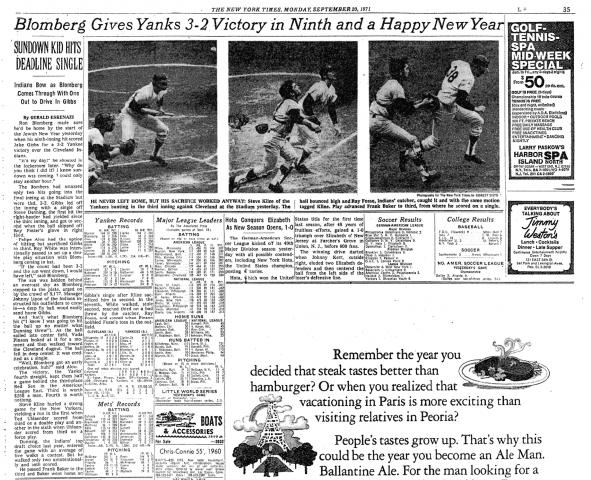 Coverage of Ron Blomberg?0073 walk-off hit was run across the top of a sports page on Sept. 20, 1971. Every year as Rosh Hashana approaches, a longtime reporter thinks back to 1971 when he was running out of time and Blomberg, the Yankees?0020only Jewish player, came through. (The New York Times)