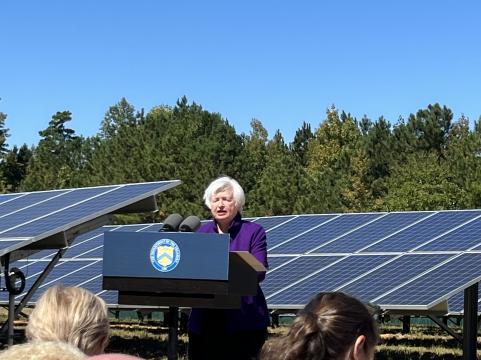U.S. Treasury Secretary Janet Yellen speaks to a crowd in Chapel Hill about clean energy investments