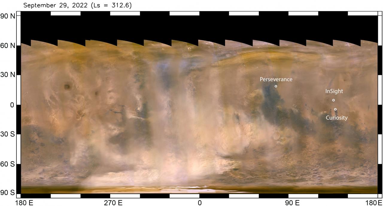 The beige clouds seen in this flat global map of Mars are a continent-size dust storm captured on Sept. 29, 2022 by the Mars Climate Imager (MARCI) camera aboard NASA’s Mars Reconnaissance Orbiter (MRO).