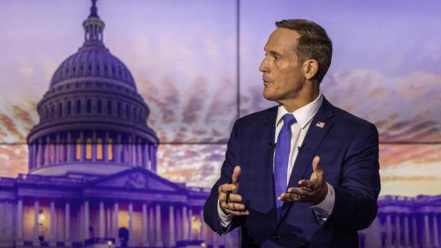 U.S. Senate Republican candidate Ted Budd answers a question during an hour-long debate with Democrat Cheri Beasley at Spectrum News 1 studio in Raleigh, NC Friday, Oct. 7, 2022. (photo by Travis Long/Raleigh News & Observer)