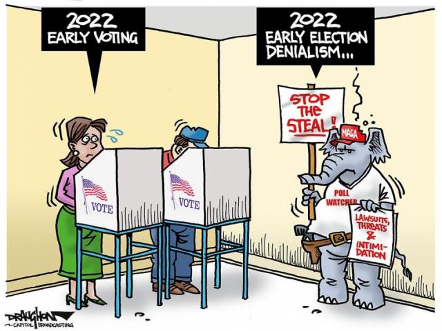 DRAUGHON DRAWS: The scene at polling places. Patriotic voters and election deniers