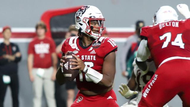MJ Morris (16) in the pocket. Boston College rallied to beat NC State by a score of 21-20 on November 12, 2022 in Raleigh, North Carolina. (Jerome Carpenter/WRAL Contributor)