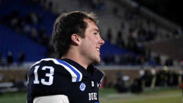 Duke quarterback Riley Leonard following the Blue Devils’ 34-31 win over Wake Forest on Saturday, November 26, 2022 at Wallace Wade Stadium in Durham, NC.  (Photo by Jack Morton)
