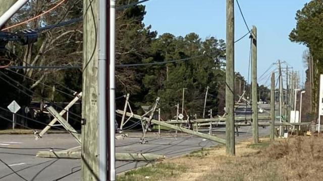 Several power lines were downed by gusts of wind, falling into the street in Rocky Mount.