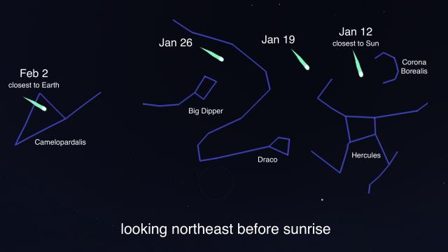 Komeet C/2022 E3 (ZTF) locaties tot en met januari 2023