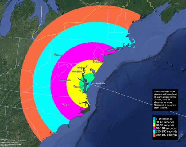 Essas áreas circulares mostram onde e quando as pessoas podem ver o lançamento do Electron do Rocket Lab no céu, dependendo da cobertura de nuvens.  Imagem: NASA Wallops/Laboratório de planejamento de missão