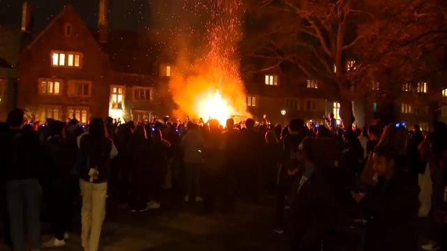 'There's nothing like it'; Duke students celebrate with bonfire after 63-57 win over UNC
