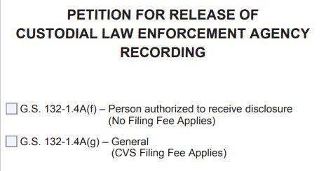 Check boxes on NC petition for release of custodial law enforcement agency recording form