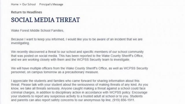 Officials identify juvenile who made social media threat towards Wake Forest Middle School