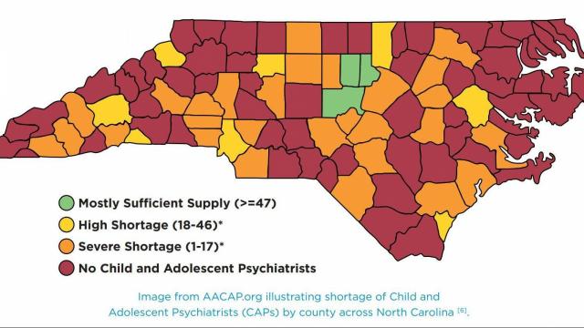 American Academy of Child and Adolescent Psychiatry map showing a shortage of child and adolescent psychiatrists. Image from AACAP.org illustrating shortage of child and adolescent psychiatrists (CAPs) by county across North Carolina.