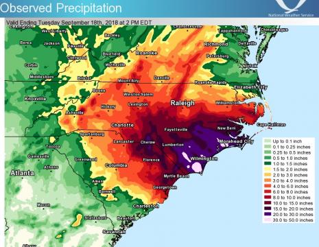 Rainfall totals from Hurricane Florence (National Weather Service image)