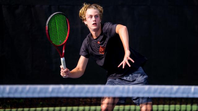 Augie Ballantine of New Hanover. Millbrook Exchange Park in Raleigh, NC hosted the 2023 NCHSAA 4A Boys Individual Tennis State Semifinals on Saturday May 13, 2023. (Photo: Evan Moesta/HighSchoolOT)