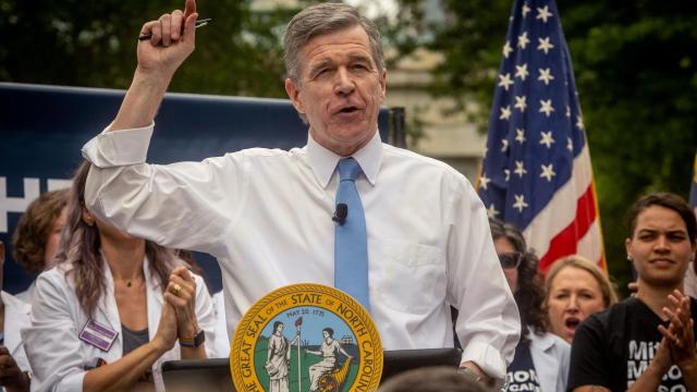 Gov. Roy Cooper at a “veto rally” on Saturday in Raleigh, N.C., May 12, 2023. Cooper, vetoed a ban on abortion that was passed by the state’s Republican-led legislature. The bill prohibited abortion past 12 weeks, with some exceptions for rape, incest or to preserve the life and health of the mother. (Kate Medley/The New York Times)