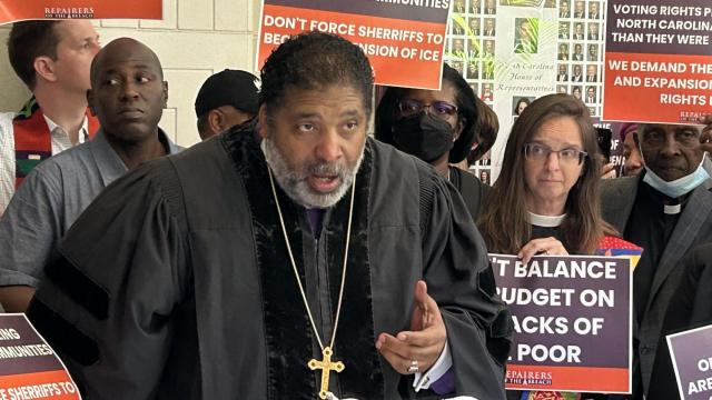 Bishop William J. Barber II leads a protest against state budget proposals inside the North Carolina General Assembly on May 24, 2023.