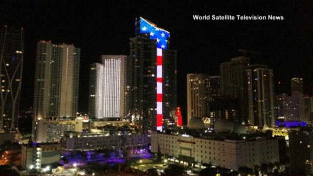 Worlds tallest digital American flag lights up Miami skyline for Memorial Day