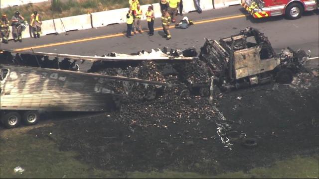 Sky 5 flies over tractor trailer fire that shut down all northbound lanes of I-95