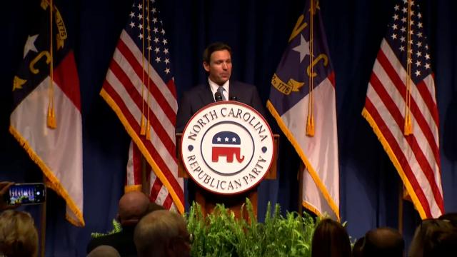 Florida Gov. Ron DeSantis speaks at the NC Republican convention, pitching his presidential campaign to conservative voters.
