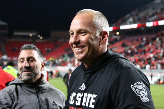 Coach Dave Doeren becomes the winningest coach in program history. NC State defeated Miami by a score of 20-6 at Carter-Finley Stadium in Raleigh, NC on November 4, 2023. (Jerome Carpenter/WRAL Contributor)
