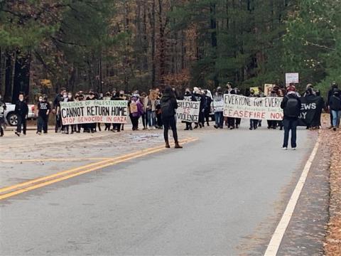 Protesters demand end to Israel-Hamas violence at Harrison Avenue bridge over I-40 in Raleigh