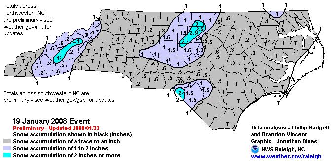 Analysis of snowfall reports and observations from January 19, 2008, snowfall event across North Carolina.  Assembled by NWS Raleigh.