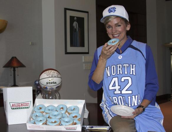 Michgan Gov. Jennifer M. Granholm donned Carolina blue as a result of the Tar Heels' NCAA men's basketball championship.