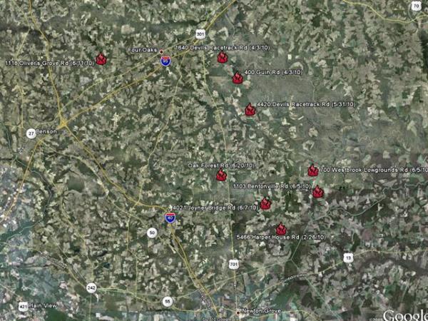 A map of Johnston County barn fires.