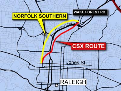 Proposed routes for high-speed rail line through Raleigh