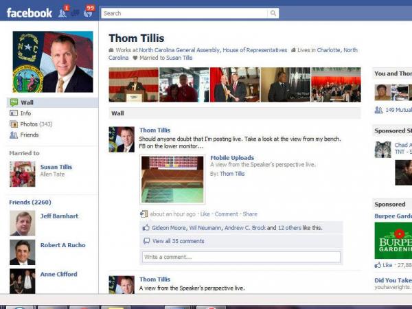 Screen capture of Speaker Thom Tillis's Facebook page at 5:52pm Thursday, the final day of crossover. 
