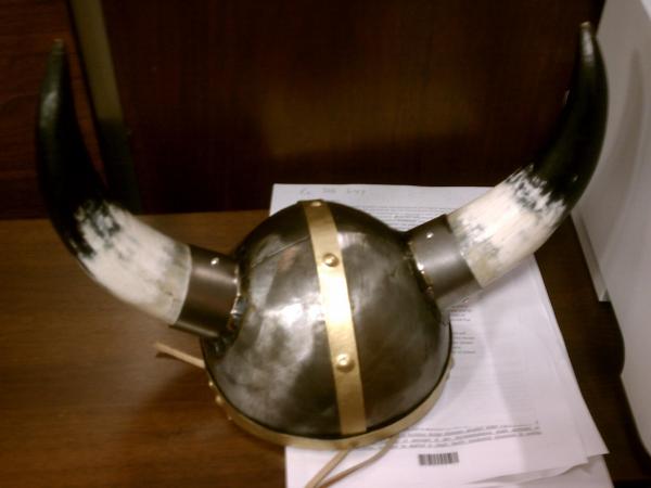 A close-up of Thomas's Viking helmet. 